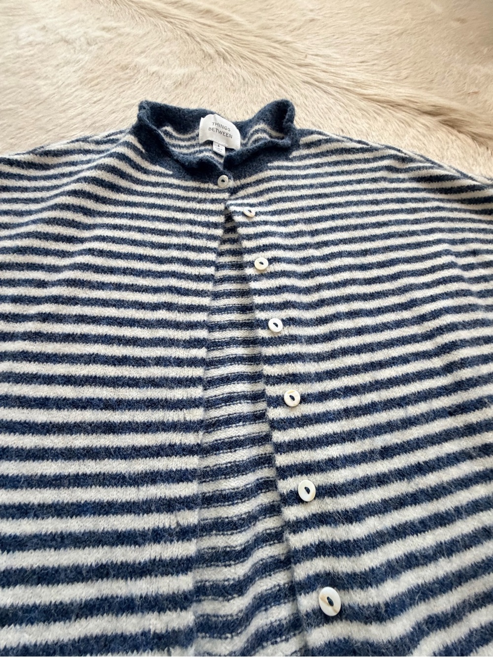 NWOT Striped Navy and White Button-Front Women’s Sweater - Picture 2 of 4